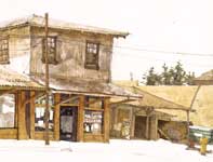 Painting by Eddie Flotte: Paia Dry Cleaner Row